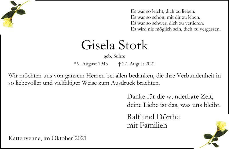 Traueranzeige für Gisela Stork vom 02.10.2021 aus 