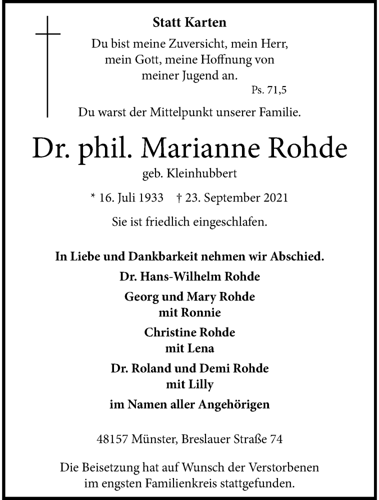  Traueranzeige für Marianne Rohde vom 02.10.2021 aus 