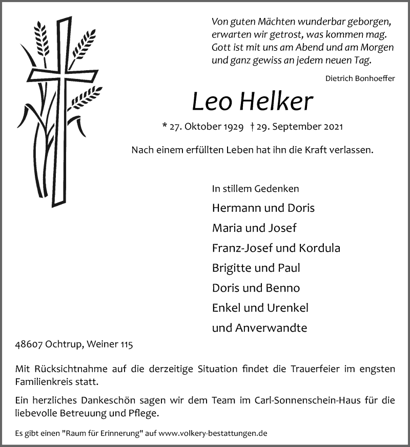  Traueranzeige für Leo Helker vom 02.10.2021 aus 