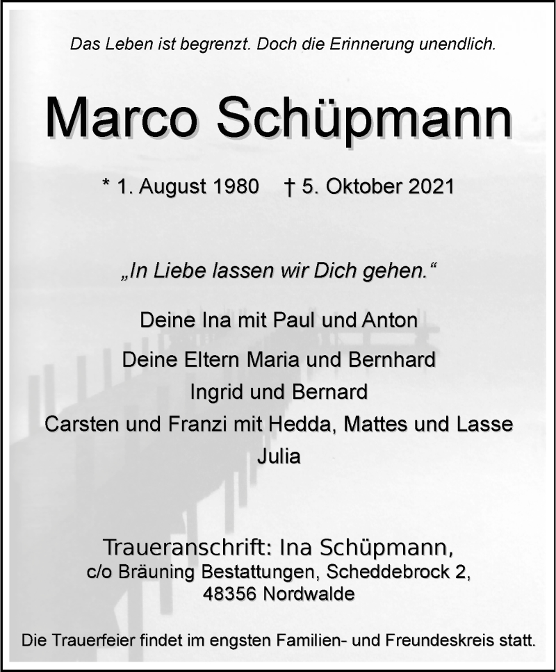  Traueranzeige für Marco Schüpmann vom 09.10.2021 aus 