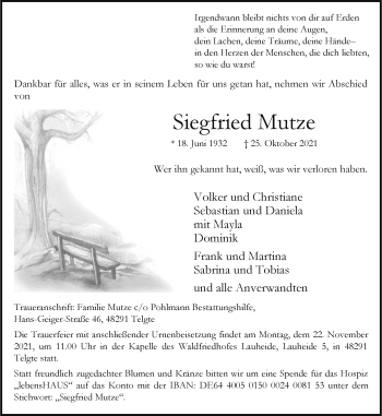 Anzeige von Siegfried Mutze 