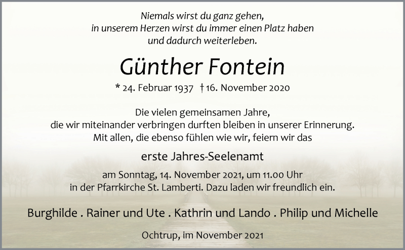  Traueranzeige für Günther Fontein vom 10.11.2021 aus 