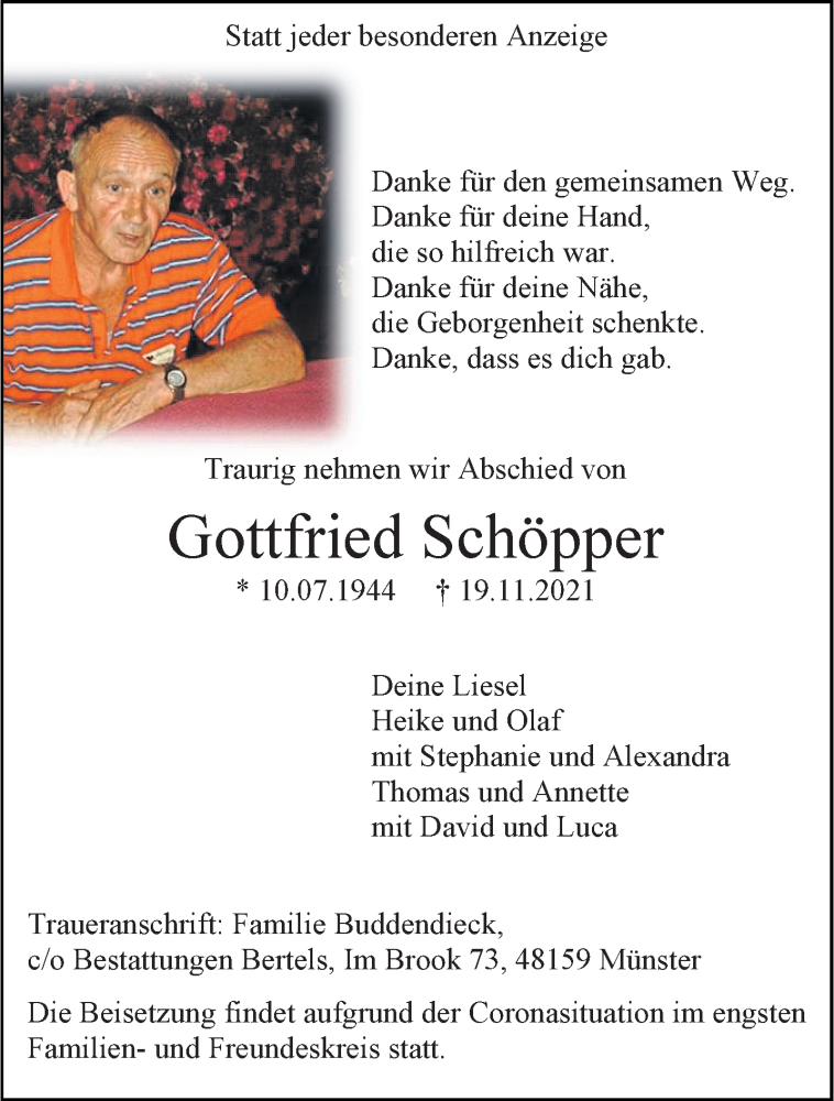  Traueranzeige für Gottfried Schöpper vom 27.11.2021 aus 