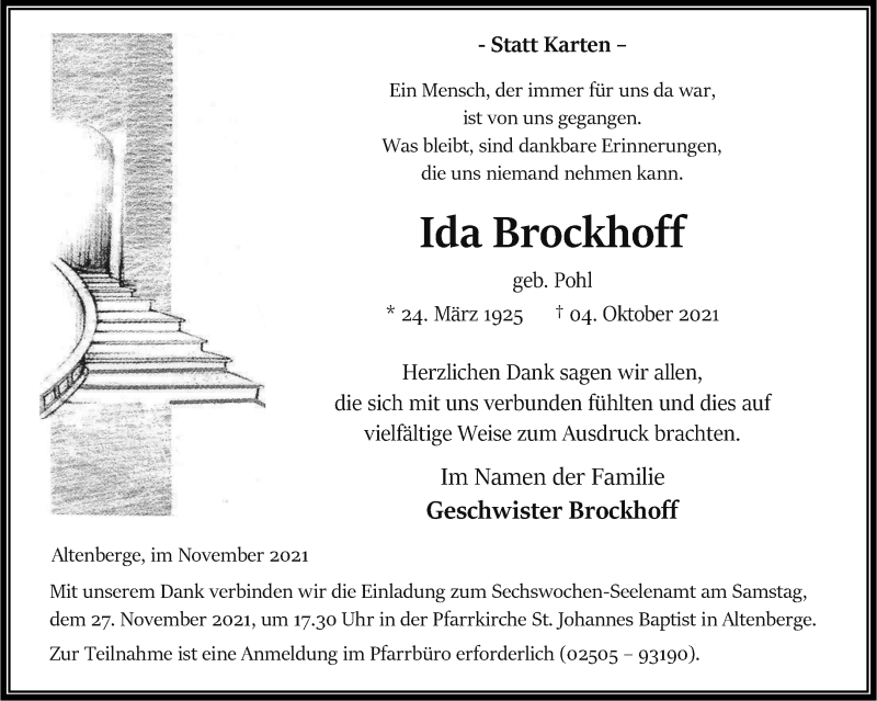  Traueranzeige für Ida Brockhoff vom 20.11.2021 aus 