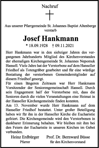 Anzeige von Josef Hankmann 