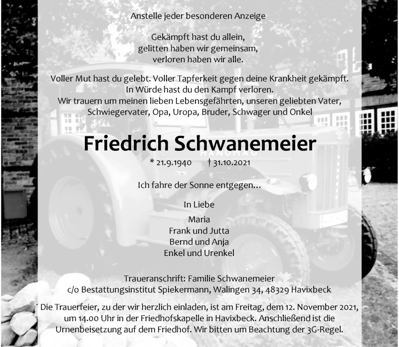  Traueranzeige für Friedrich Schwanemeier vom 06.11.2021 aus 