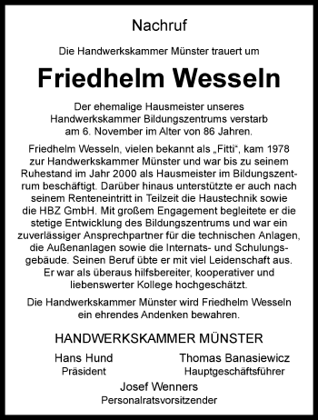 Anzeige von Friedhelm Wesseln 