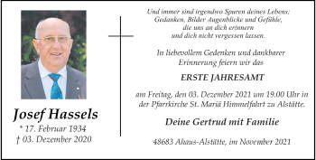 Anzeige von Josef Hassels 
