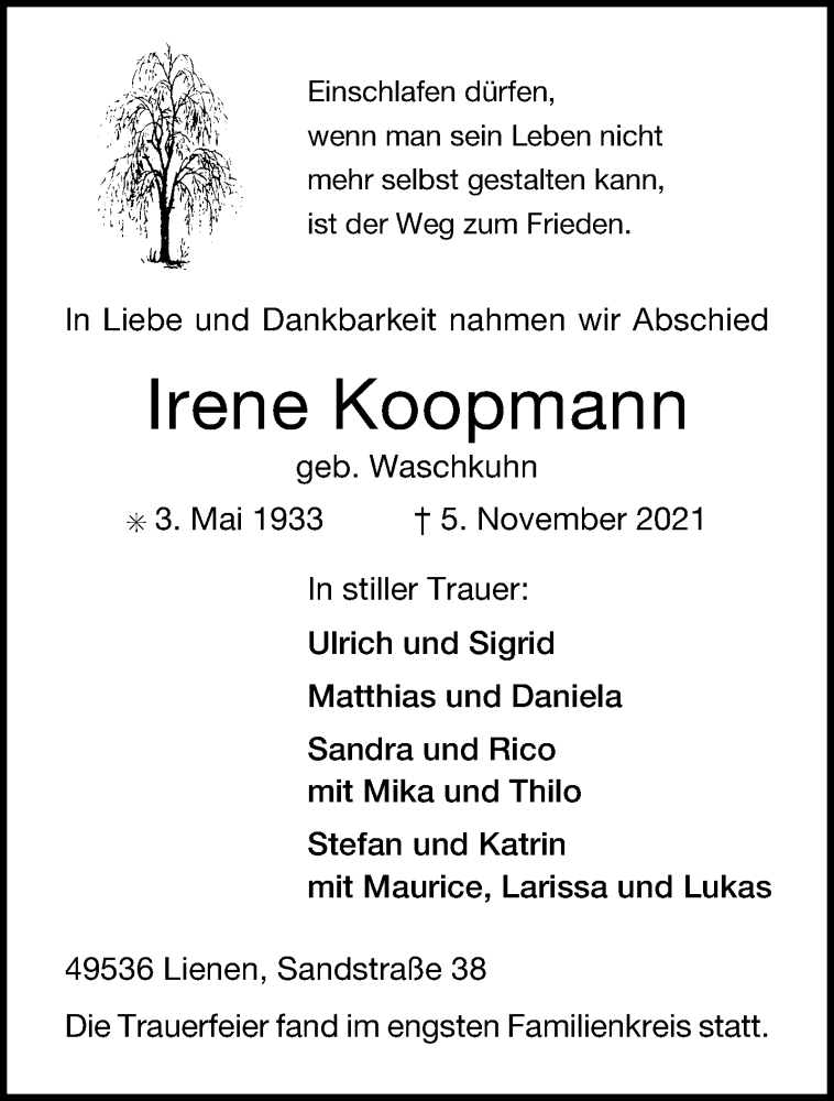 Traueranzeige für Irene Koopmann vom 16.11.2021 aus 