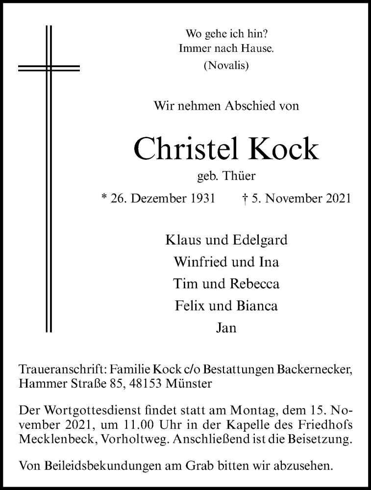  Traueranzeige für Christel Kock vom 10.11.2021 aus 