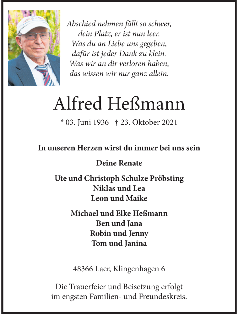  Traueranzeige für Alfred Heßmann vom 30.10.2021 aus 