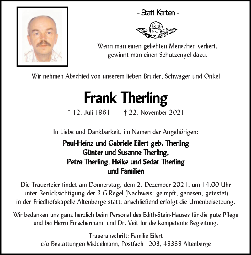  Traueranzeige für Frank Therling vom 27.11.2021 aus 