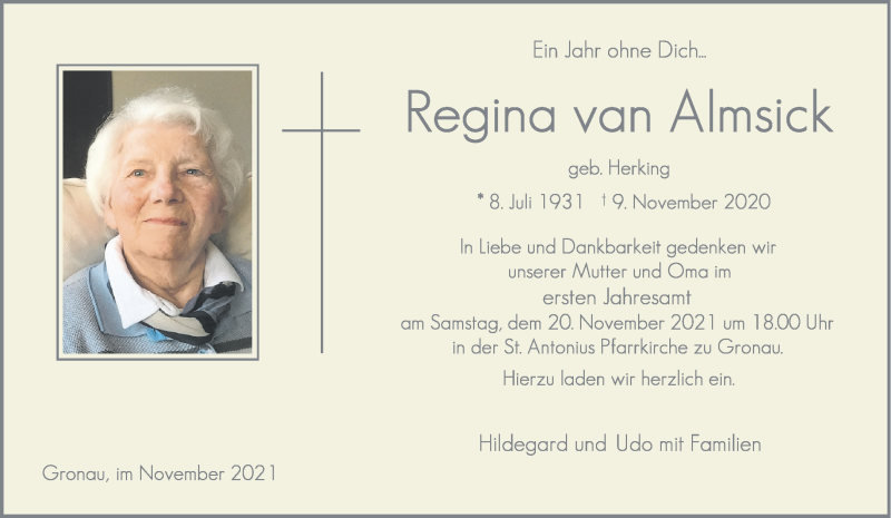  Traueranzeige für Regina van Almsick vom 17.11.2021 aus 