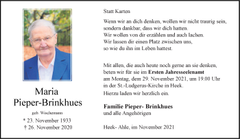 Anzeige von Maria Pieper-Brinkhues 