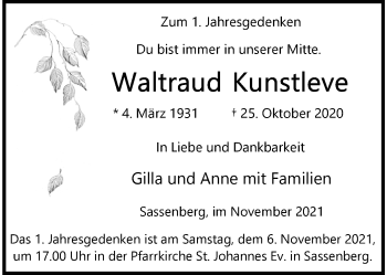 Anzeige von Waltraud Kunstleve 