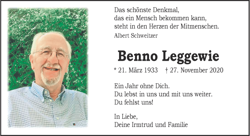  Traueranzeige für Benno Leggewie vom 27.11.2021 aus 