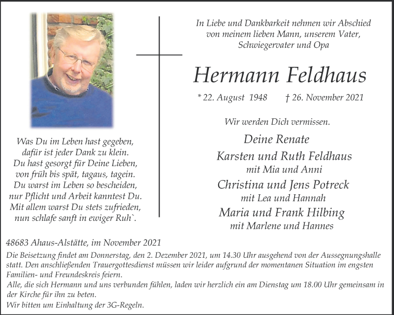  Traueranzeige für Hermann Feldhaus vom 29.11.2021 aus 