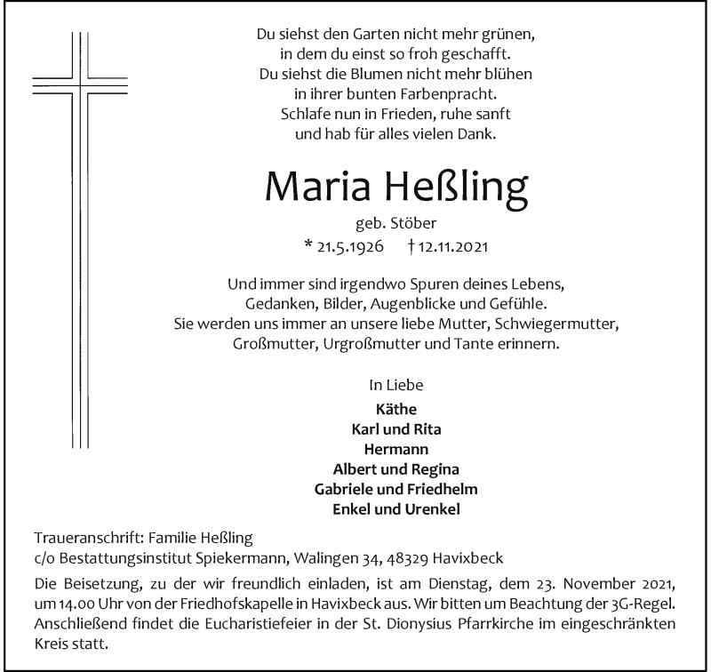  Traueranzeige für Maria Heßling vom 17.11.2021 aus 