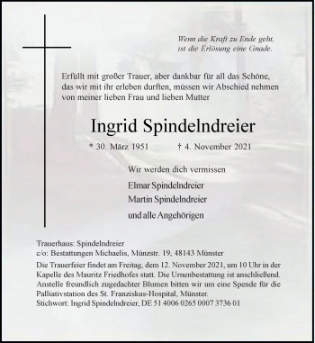 Anzeige von Ingrid Spindelndreier 