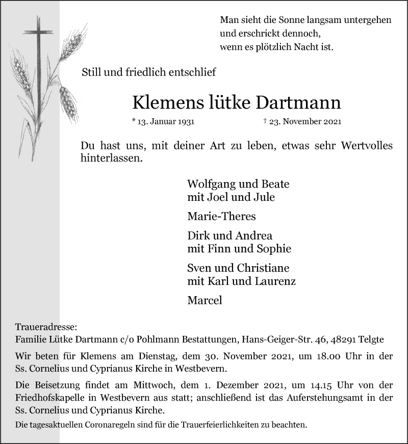  Traueranzeige für Klemens Lütke Dartmann vom 27.11.2021 aus 