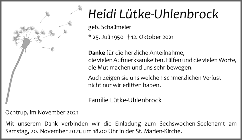  Traueranzeige für Heidi Lütke-Uhlenbrock vom 17.11.2021 aus 