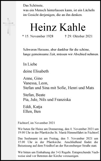 Anzeige von Heinz Kahle 