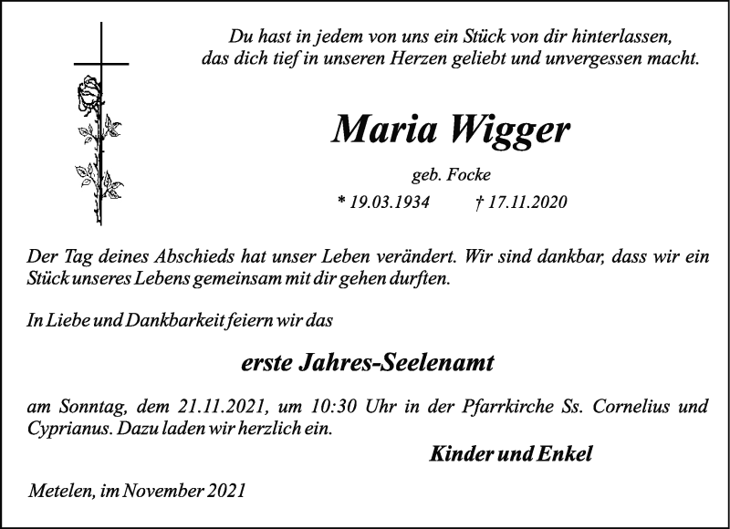 Traueranzeigen von Maria Wigger | www.trauer.ms
