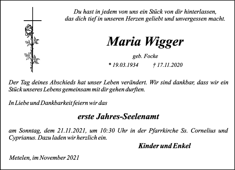  Traueranzeige für Maria Wigger vom 16.11.2021 aus 