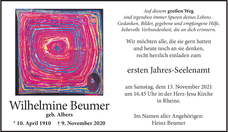  Traueranzeige für Wilhelmine Beumer vom 10.11.2021 aus 