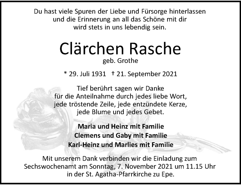  Traueranzeige für Clärchen Rasche vom 30.10.2021 aus 