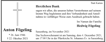 Anzeige von Anton Fögeling 