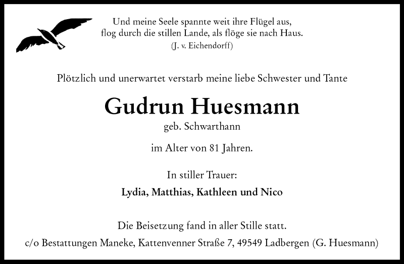  Traueranzeige für Gudrun Huesmann vom 27.11.2021 aus 