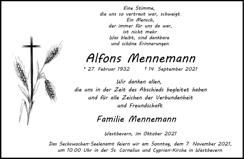  Traueranzeige für Alfons Mennemann vom 30.10.2021 aus 