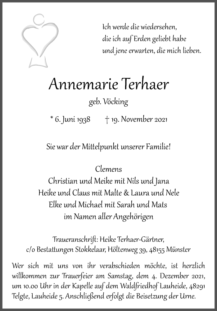  Traueranzeige für Annemarie Terhaer vom 27.11.2021 aus 