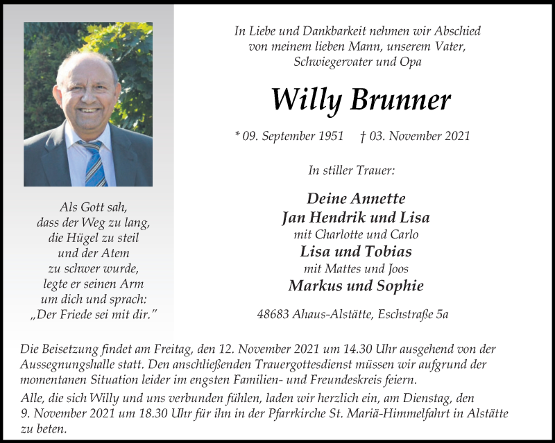  Traueranzeige für Willy Brunner vom 06.11.2021 aus 