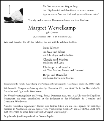 Anzeige von Margret Wewelkamp 