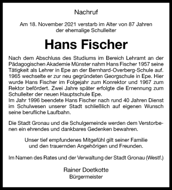 Anzeige von Hans Fischer 