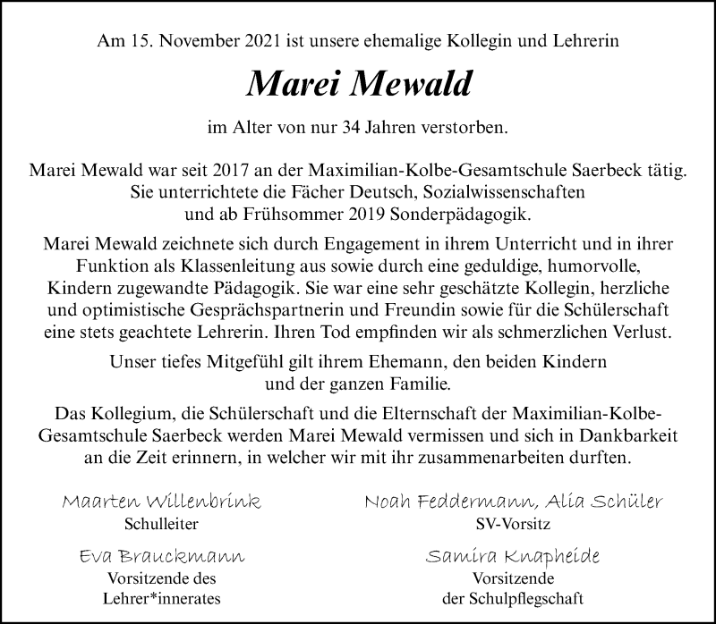  Traueranzeige für Marei Mewald vom 24.11.2021 aus 