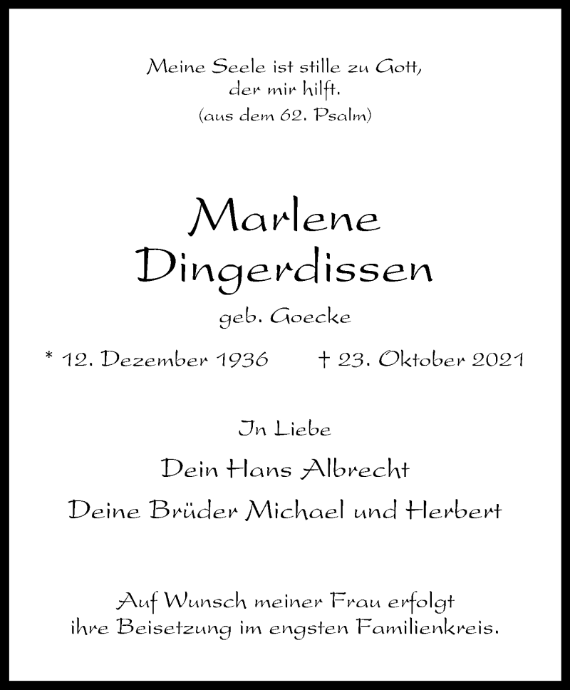  Traueranzeige für Marlene Dingerdissen vom 06.11.2021 aus 