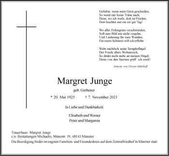 Anzeige von Margret Junge 