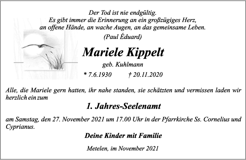  Traueranzeige für Mariele Kippelt vom 25.11.2021 aus 