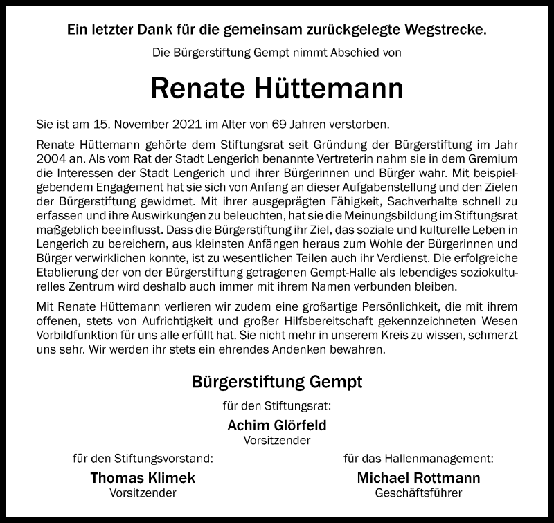 Traueranzeige für Renate Hüttemann vom 25.11.2021 aus 