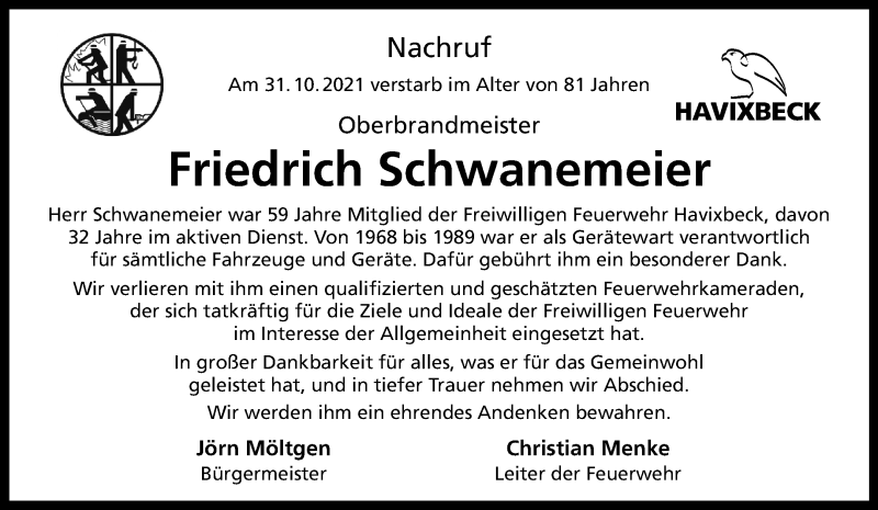  Traueranzeige für Friedrich Schwanemeier vom 06.11.2021 aus 