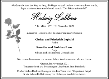 Anzeige von Hedwig Lübbers 