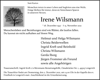 Anzeige von Irene Wilsmann 