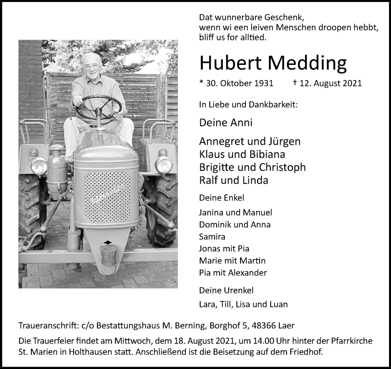  Traueranzeige für Hubert Medding vom 18.08.2021 aus 