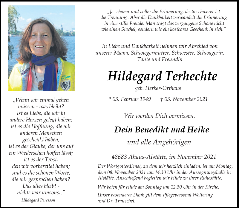  Traueranzeige für Hildegard Terhechte vom 05.11.2021 aus 