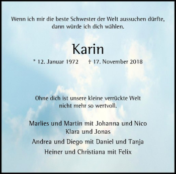 Anzeige von Karin Schwaning von Westfälische Nachrichten