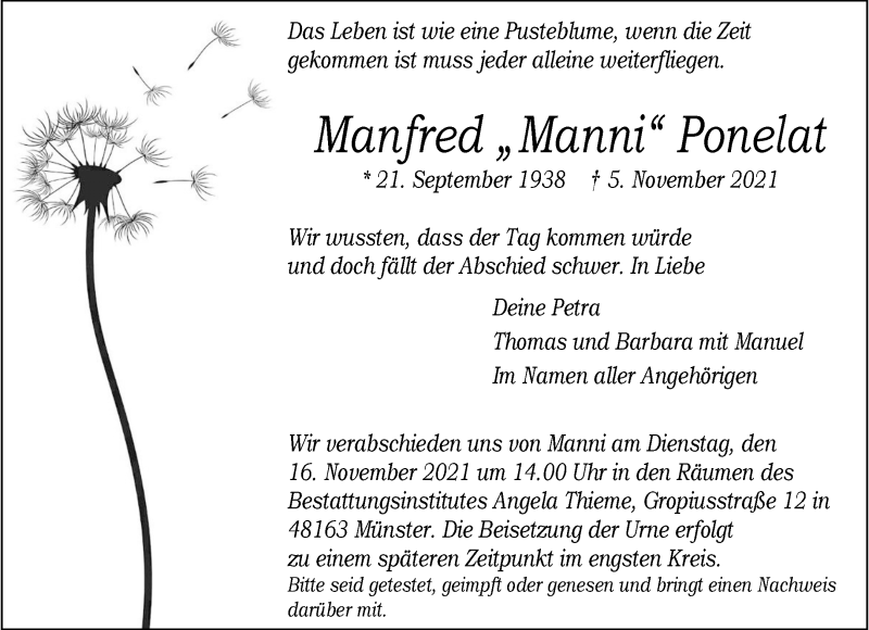 Traueranzeige für Manfred Ponelat vom 13.11.2021 aus 