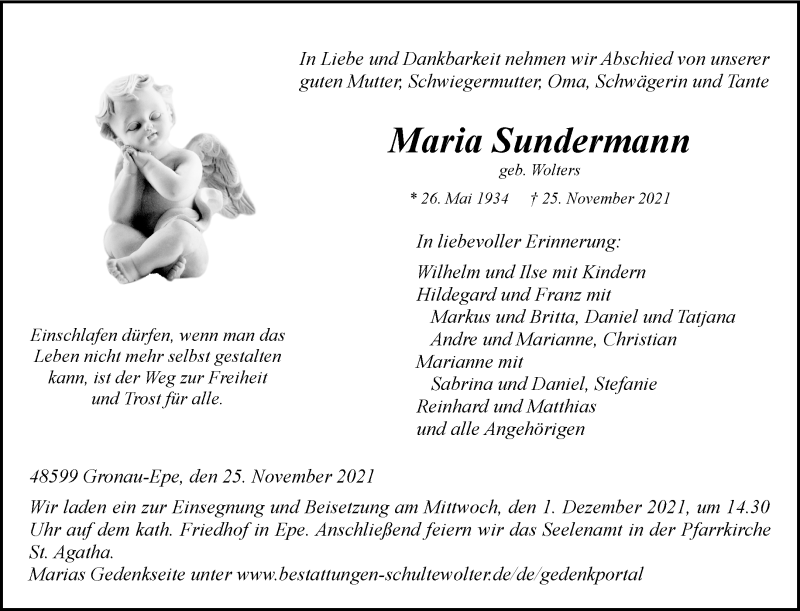  Traueranzeige für Maria Sundermann vom 27.11.2021 aus 